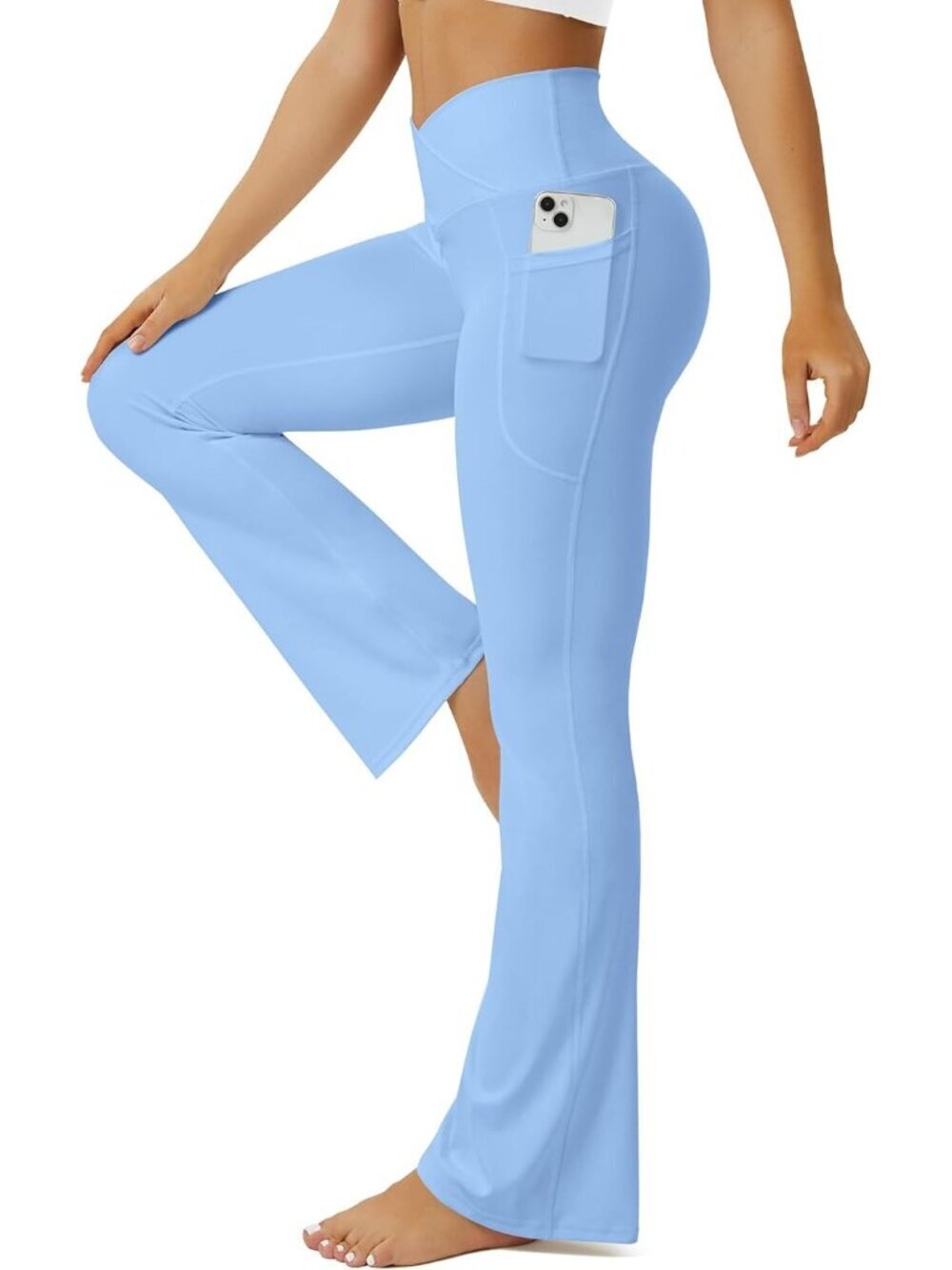 Womens Sky Blue Crossover High Waisted Imported Pull On Flare Bootcut Yoga Pants